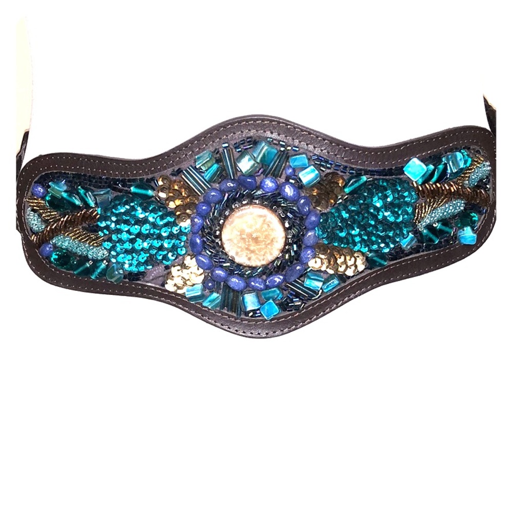 Leather, stone and sequence chain belt.